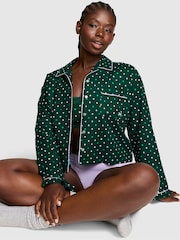 Victoria's Secret Pink Dark Garden Green Polka Dot Flannel Cropped Pyjama Top - Image 1 of 2