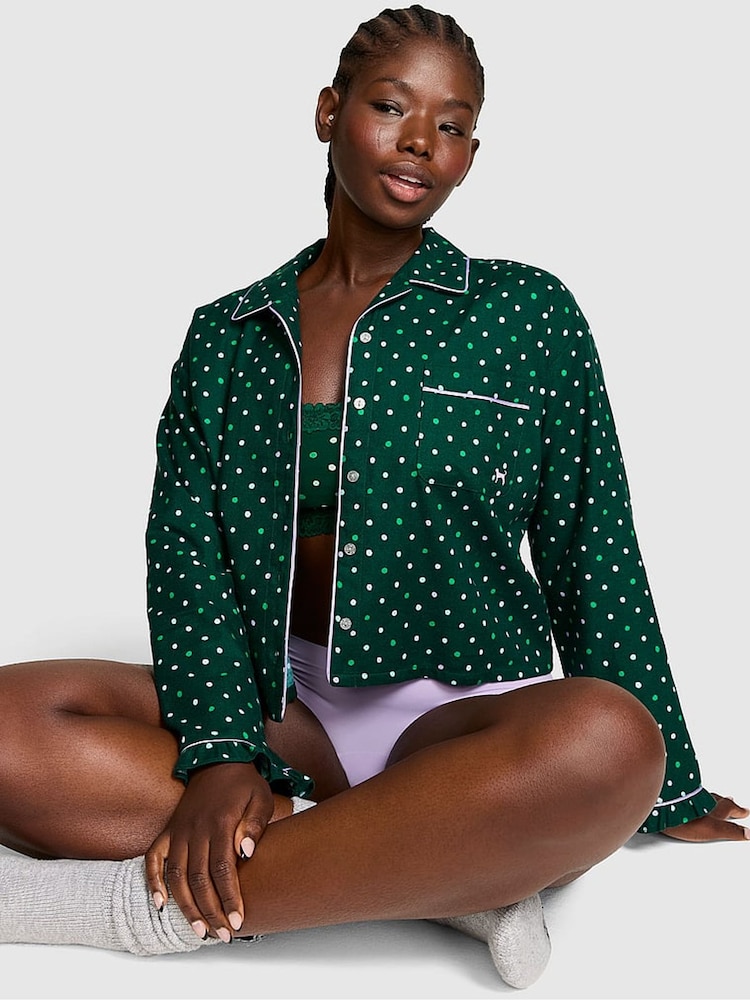 Victoria's Secret Pink Dark Garden Green Polka Dot Flannel Cropped Pyjama Top - Image 1 of 2 Victoria's Secret Pink Dark Garden Green Polka Dot Flannel Cropped Pyjama Top - Image 1 of 2
