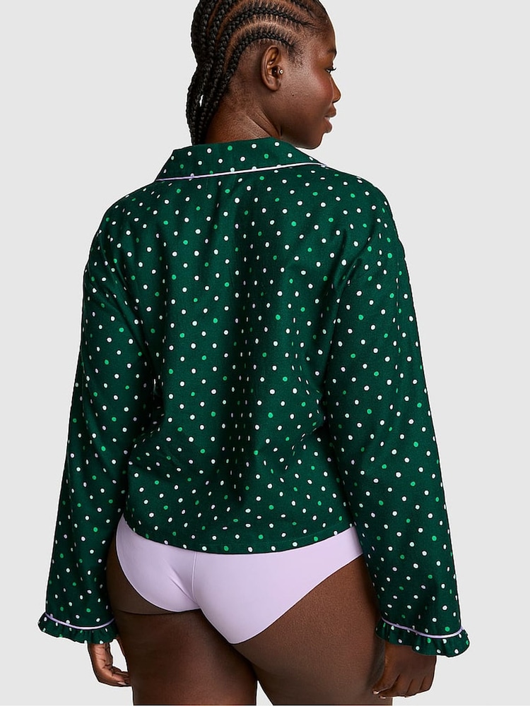 Victoria's Secret Pink Dark Garden Green Polka Dot Flannel Cropped Pyjama Top - Image 2 of 2 Victoria's Secret Pink Dark Garden Green Polka Dot Flannel Cropped Pyjama Top - Image 2 of 2