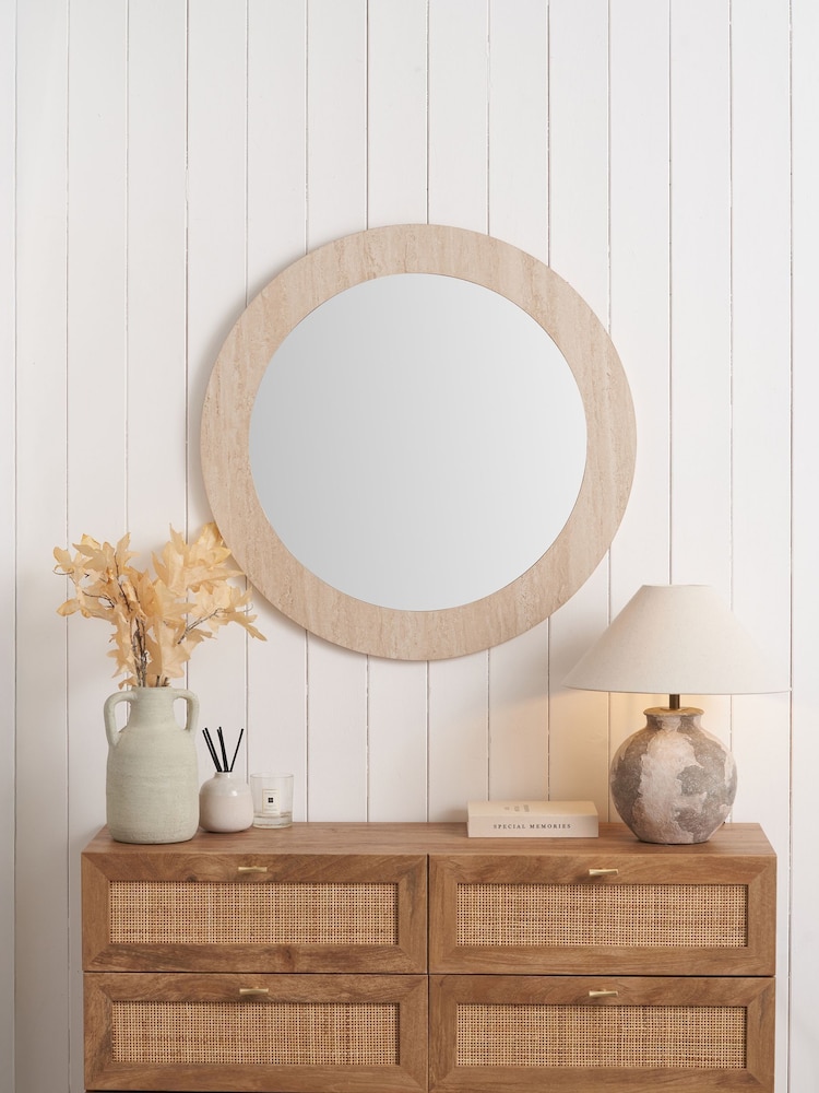 Pacific Travertine Effect Veneer Round Wall Mirror - Image 1 of 6