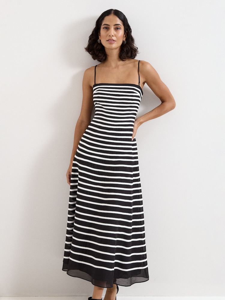 black white striped midi dress Black and White Striped Strapless Mikado Midi Dress