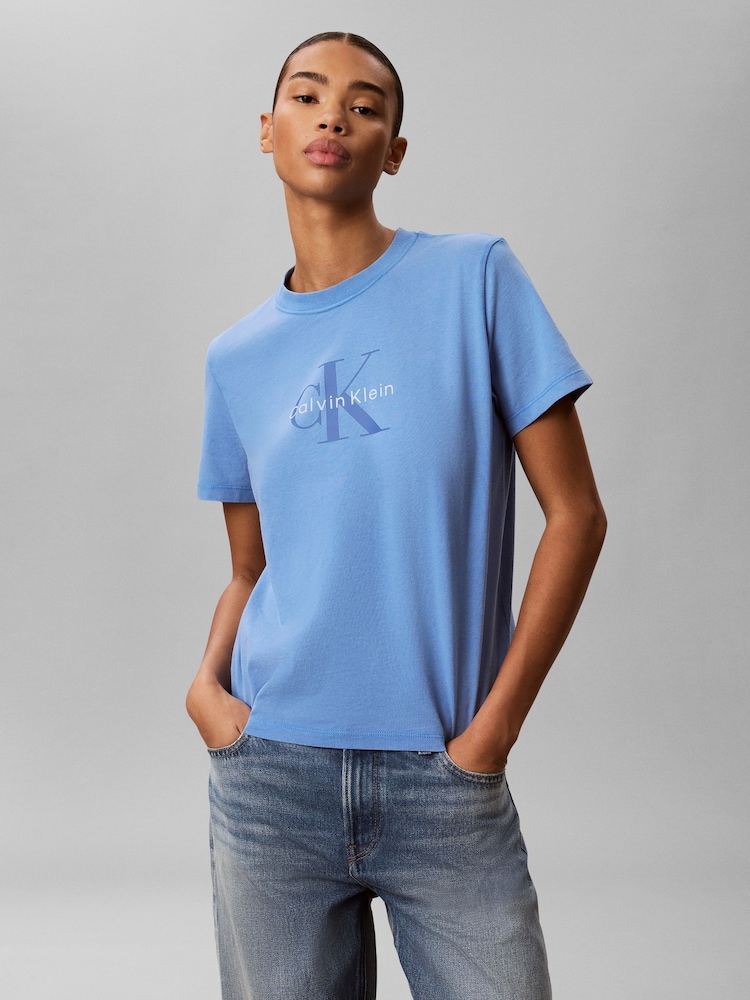 Calvin Klein Blue Washed Cotton Monogram T-Shirt - Image 1 of 5