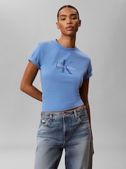 Calvin Klein Blue Washed Cotton Monogram T-Shirt - Image 4 of 5