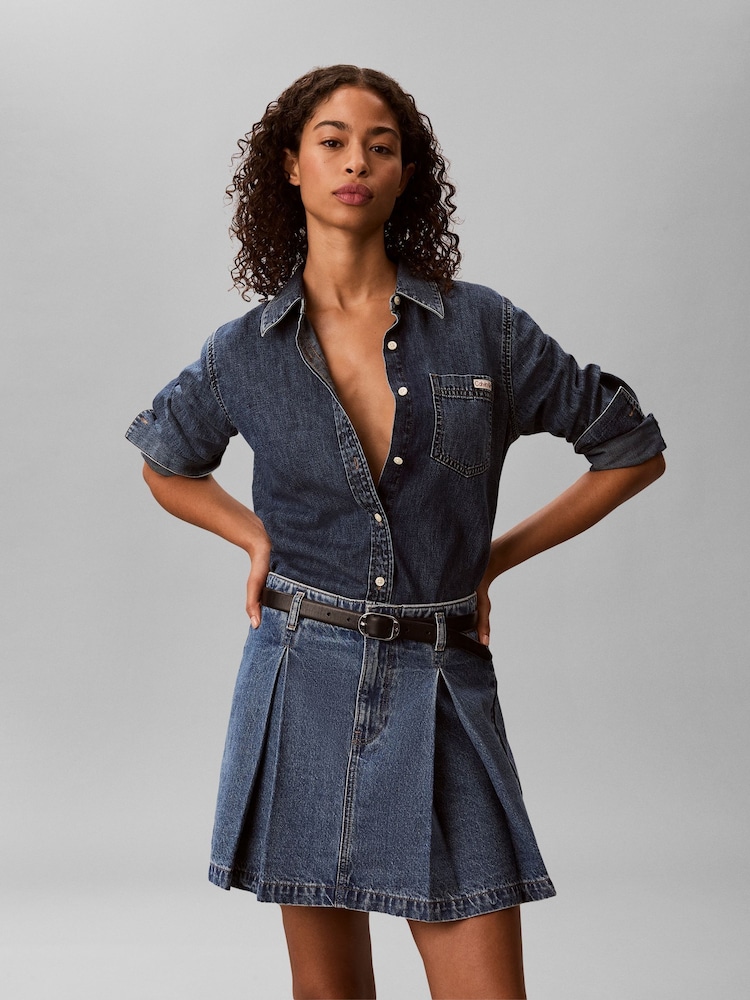 Calvin Klein Blue Pleated Denim Mini Skirt - Image 1 of 5 Calvin Klein Blue Pleated Denim Mini Skirt - Image 1 of 5