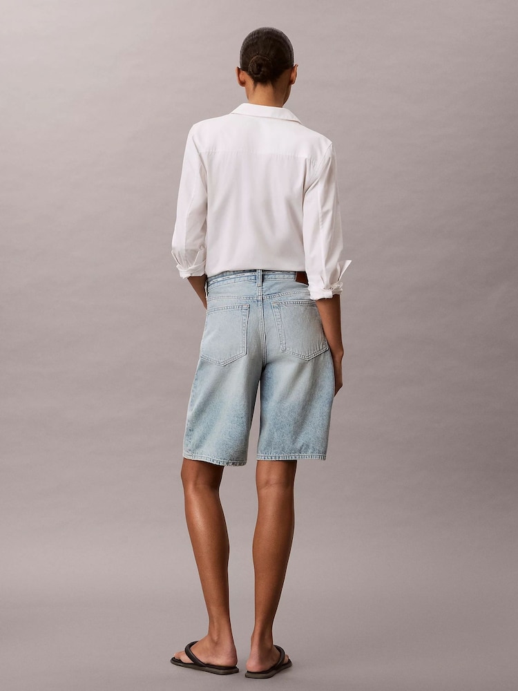 Calvin Klein Blue Logo Tape Denim Bermuda Shorts - Image 2 of 5 Calvin Klein Blue Logo Tape Denim Bermuda Shorts - Image 2 of 5