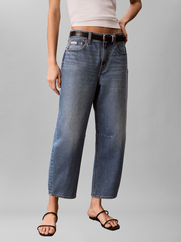 Calvin Klein Blue Cropped Barrel Jeans - Image 1 of 6 Calvin Klein Blue Cropped Barrel Jeans - Image 1 of 6