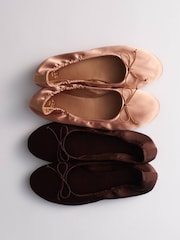 The Set 2 Pack Satin Bow Ballet Flats Brown/Pink - Image 1 of 3