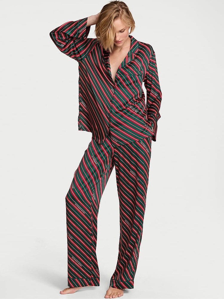 Victoria's Secret Christmas Red & Green Candy Cane Stripe Satin Long Pyjamas Set - Image 1 of 2 Victoria's Secret Christmas Red & Green Candy Cane Stripe Satin Long Pyjamas Set - Image 1 of 2