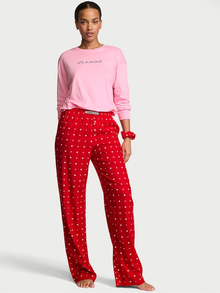Victoria's Secret Pink & Red Polka Dot Long Sleeve Flannel Pyjamas  Scrunchie Set - Image 1 of 2