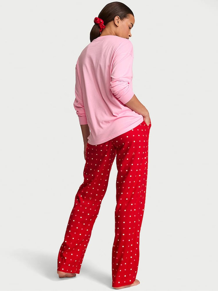 Victoria's Secret Pink & Red Polka Dot Long Sleeve Flannel Pyjamas  Scrunchie Set - Image 2 of 2
