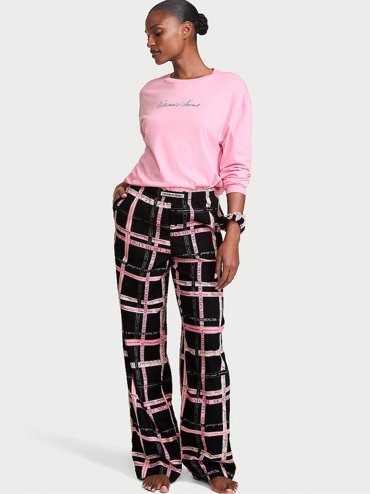 Victoria's Secret Pink & Black Tartan Long Sleeve Flannel Pyjamas  Scrunchie Set - Image 1 of 3