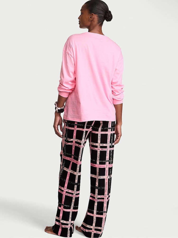 Victoria's Secret Pink & Black Tartan Long Sleeve Flannel Pyjamas  Scrunchie Set - Image 2 of 3