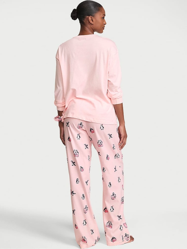 Victoria's Secret Christmas Pink Penguins Long Sleeve Flannel Pyjamas  Scrunchie Set - Image 3 of 3