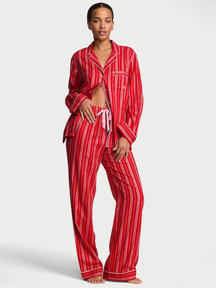 Victoria's Secret Christmas Red & Pink Stripe Flannel Long Pyjama Set - Image 1 of 2 Victoria's Secret Christmas Red & Pink Stripe Flannel Long Pyjama Set - Image 1 of 2