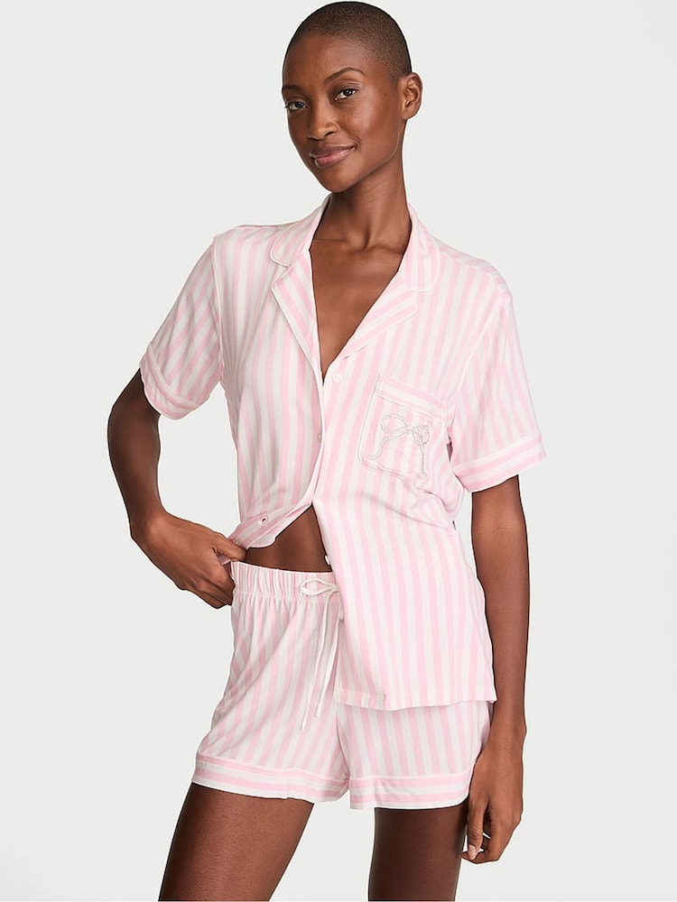 Victoria's Secret Pink Iconic Stripe Bow Modal Short Pyjamas Set - Image 1 of 3 Victoria's Secret Pink Iconic Stripe Bow Modal Short Pyjamas Set - Image 1 of 3