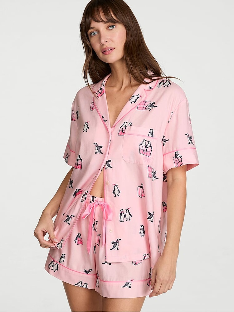 Victoria's Secret Christmas Pink Penguins Flannel Shorts Pyjama Set - Image 1 of 2