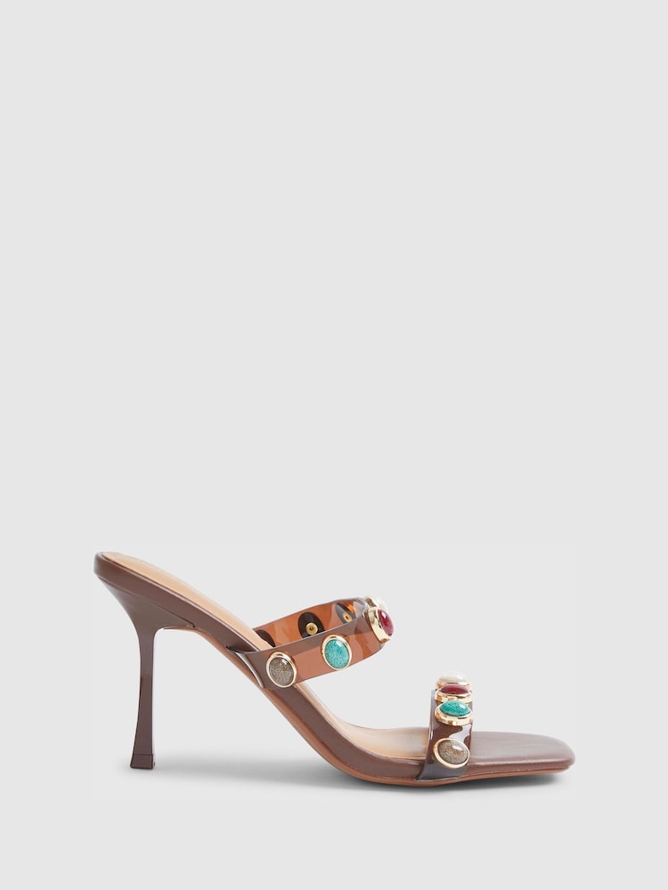 River Island Brown Pespex Gem Heeled Mule Sandals - Image 1 of 5