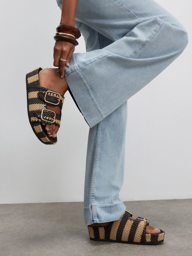 River Island Brown Stripe Raffia Footbed Sandals - Image 1 of 6 River Island Brown Stripe Raffia Footbed Sandals - Image 1 of 6