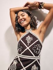 River Island Brown Motif Halter Mini Dress With A Touch Of Linen - Image 4 of 4