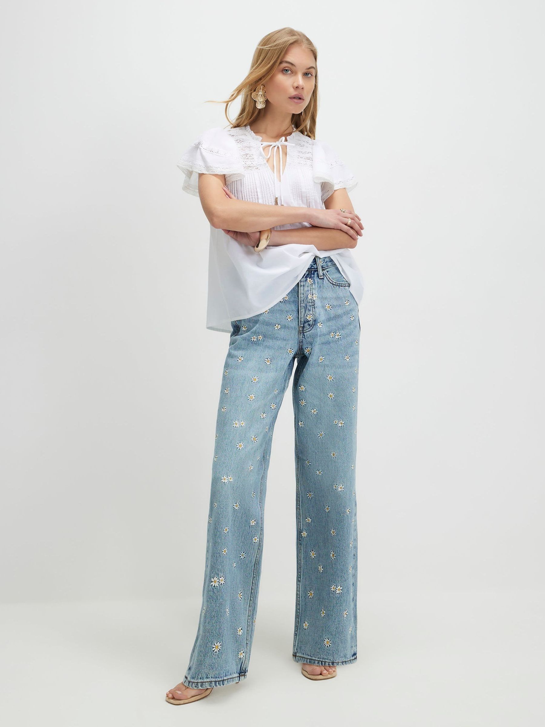 Buy River Island Blue High Rise Relaxed Straight Daisy Floral