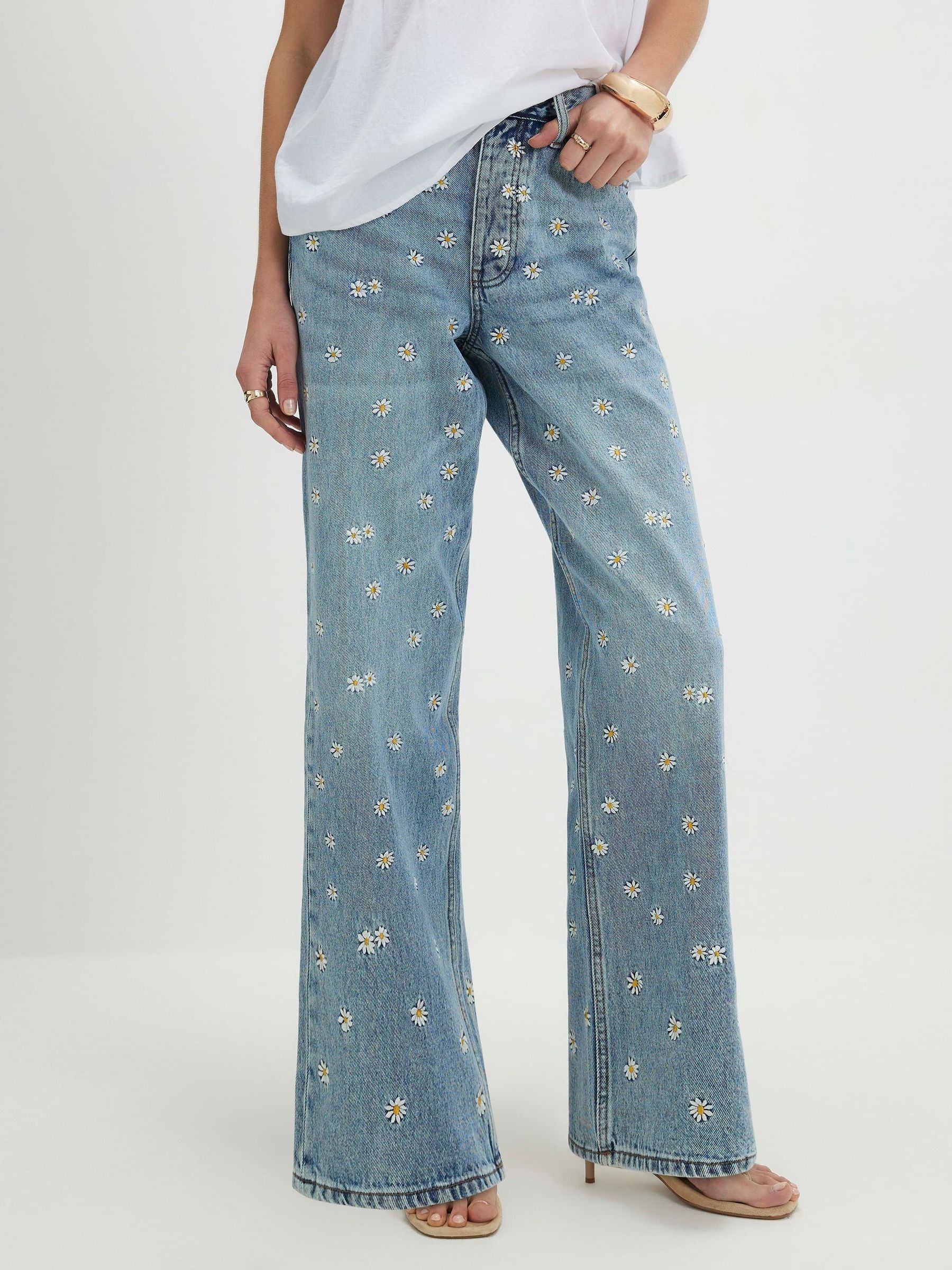 Buy River Island Blue High Rise Relaxed Straight Daisy Floral