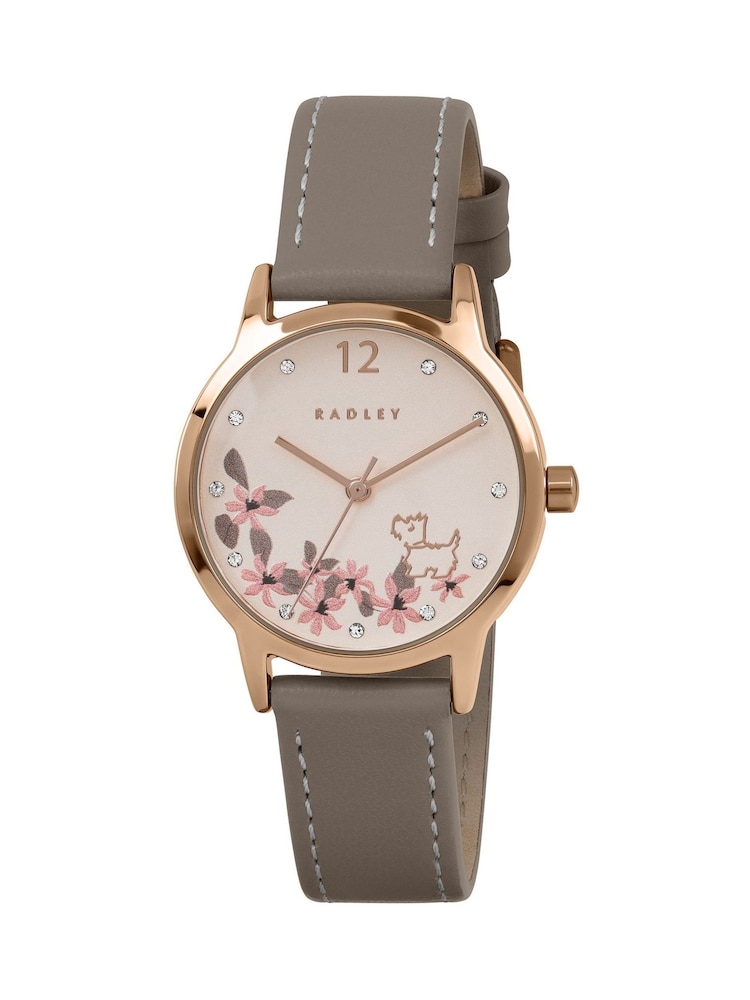 Radley Brown Rose Gold Plated Floral Dog Dial Coffee Leather Strap Watch - Image 1 of 4 Radley Brown Rose Gold Plated Floral Dog Dial Coffee Leather Strap Watch - Image 1 of 4