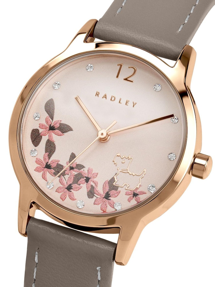 Radley Brown Rose Gold Plated Floral Dog Dial Coffee Leather Strap Watch - Image 2 of 4 Radley Brown Rose Gold Plated Floral Dog Dial Coffee Leather Strap Watch - Image 2 of 4