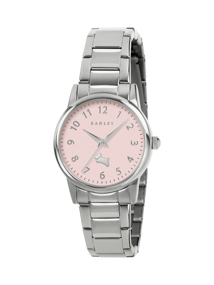 Radley Silver Plated Pink Satin Dial Stainless Steel Bracelet Watch - Image 1 of 4 Radley Silver Plated Pink Satin Dial Stainless Steel Bracelet Watch - Image 1 of 4