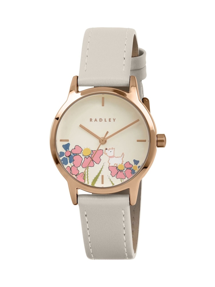 Radley White Rose Gold Plated Floral Dog Dial Salt Leather Strap Watch - Image 1 of 4
