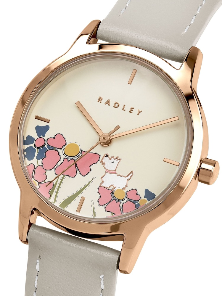 Radley White Rose Gold Plated Floral Dog Dial Salt Leather Strap Watch - Image 2 of 4