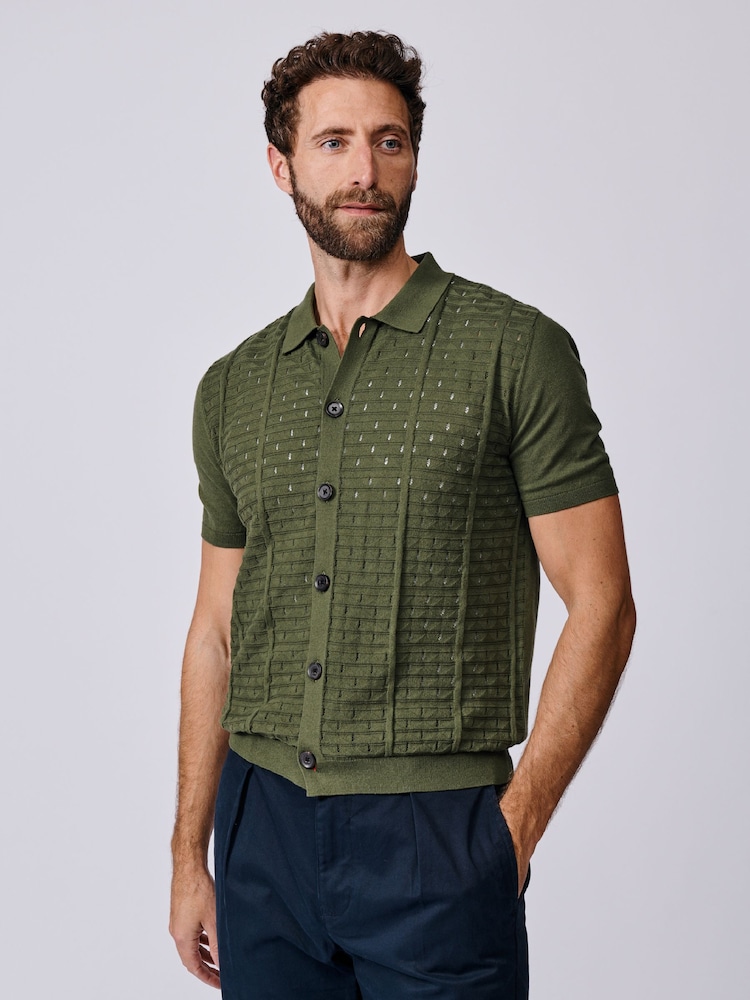 Aubin Green Manor Textured Button Through Polo Shirt - Image 1 of 6