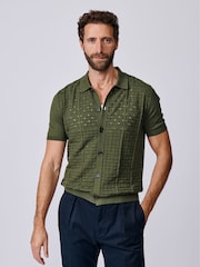 Aubin Green Manor Textured Button Through Polo Shirt - Image 3 of 6
