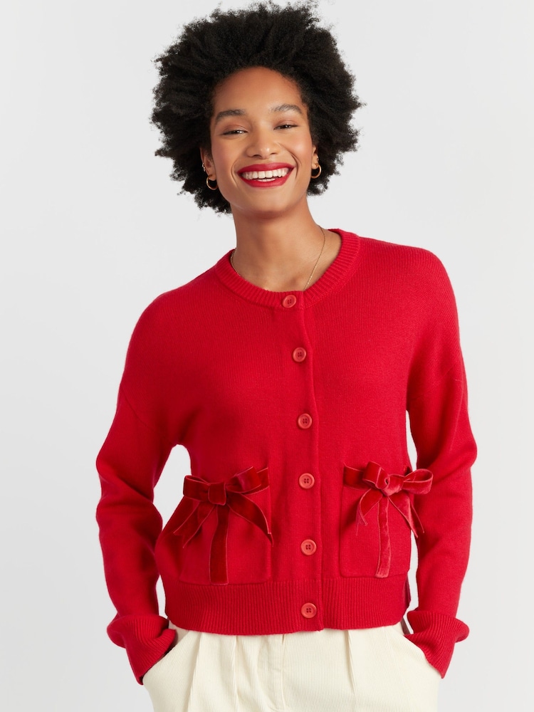 Chinti & Parker Red Merino Wool Velvet Bow Cardigan - Image 1 of 4 Chinti & Parker Red Merino Wool Velvet Bow Cardigan - Image 1 of 4