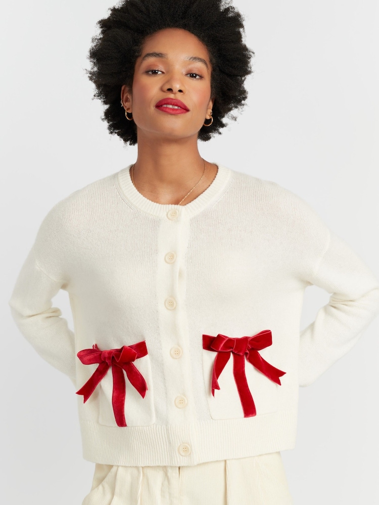 Chinti & Parker Red Merino Wool Velvet Bow Cardigan - Image 1 of 4 Chinti & Parker Red Merino Wool Velvet Bow Cardigan - Image 1 of 4