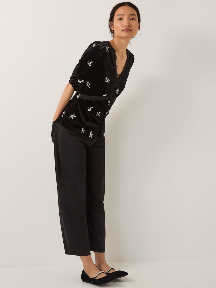 Monsoon Black Erin Floral Lace Velvet Top - Image 1 of 5