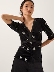 Monsoon Black Erin Floral Lace Velvet Top - Image 2 of 5