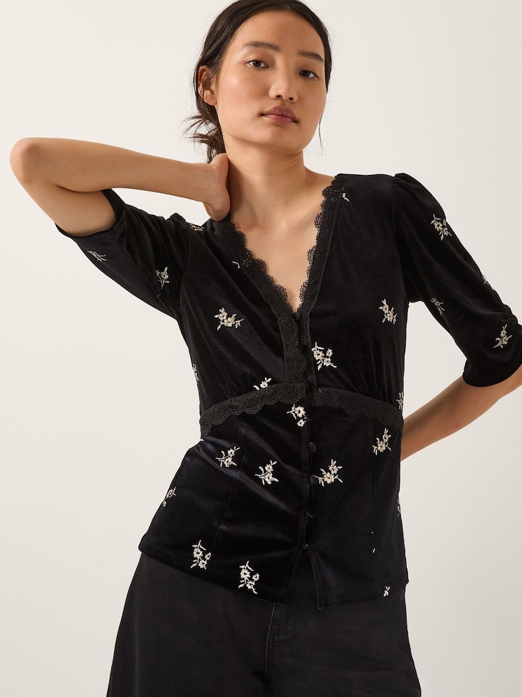 Monsoon Black Erin Floral Lace Velvet Top - Image 2 of 5
