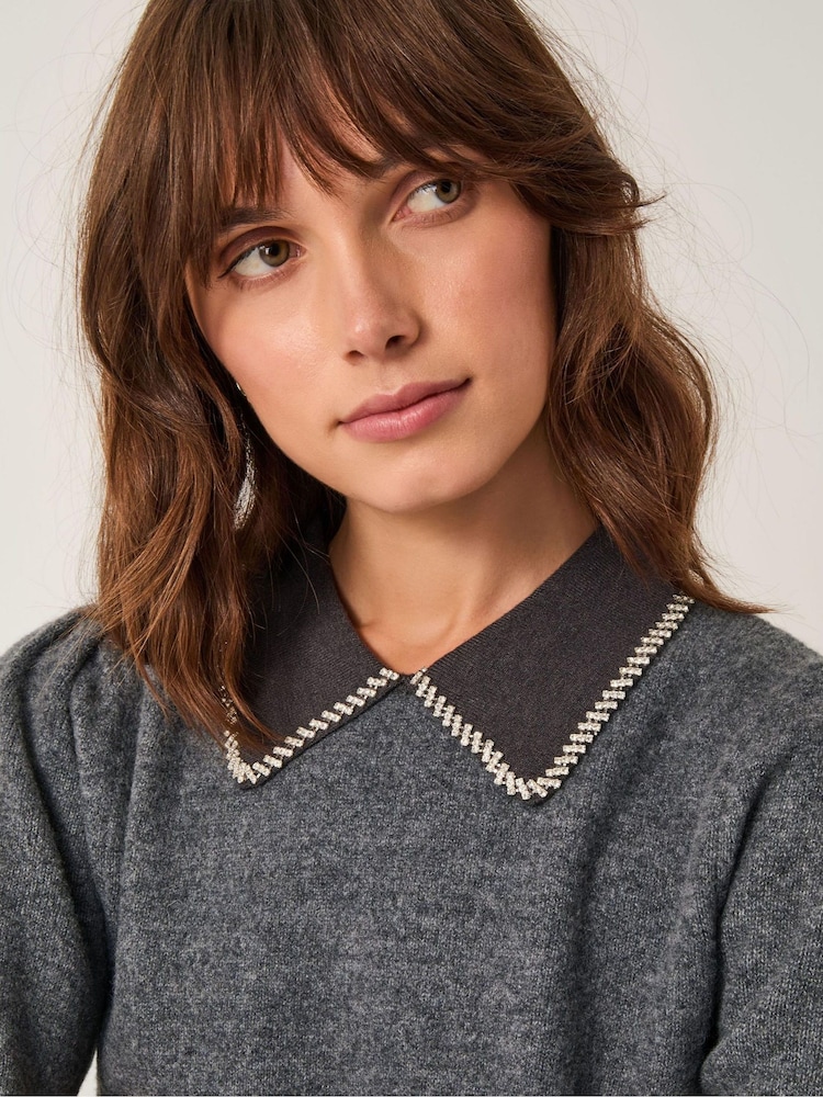 Monsoon Grey Ebony Embellished Collar Knit Mini Dress - Image 4 of 4