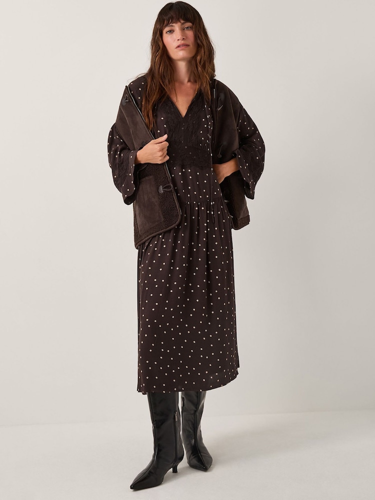 Monsoon Brown Mackie Polka Dot Lace Midi Dress - Image 1 of 4