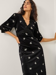 Monsoon Black Erin Floral Lace Velvet Midi Dress - Image 1 of 5