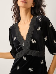 Monsoon Black Erin Floral Lace Velvet Midi Dress - Image 3 of 5