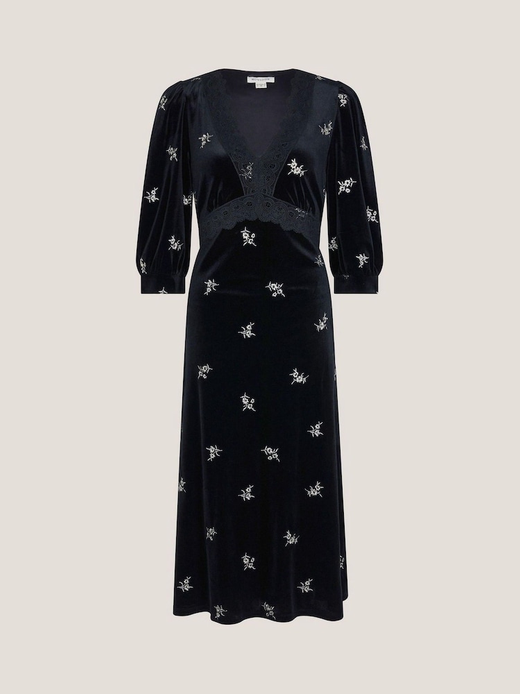 Monsoon Black Erin Floral Lace Velvet Midi Dress - Image 5 of 5 Monsoon Black Erin Floral Lace Velvet Midi Dress - Image 5 of 5