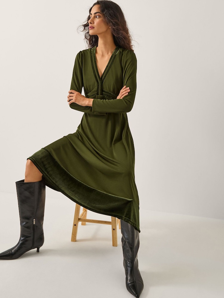 Monsoon Green Viv Velvet Trim Long Sleeve Midi Dress - Image 1 of 5 Monsoon Green Viv Velvet Trim Long Sleeve Midi Dress - Image 1 of 5