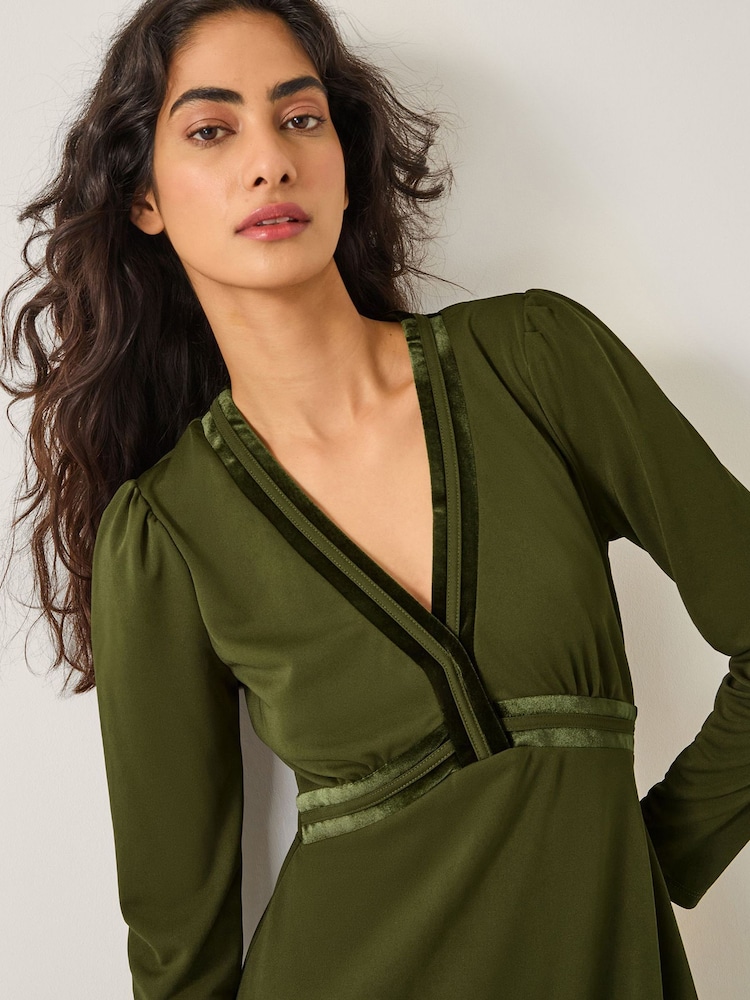 Monsoon Green Viv Velvet Trim Long Sleeve Midi Dress - Image 2 of 5 Monsoon Green Viv Velvet Trim Long Sleeve Midi Dress - Image 2 of 5