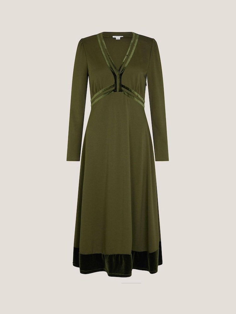 Monsoon Green Viv Velvet Trim Long Sleeve Midi Dress - Image 5 of 5 Monsoon Green Viv Velvet Trim Long Sleeve Midi Dress - Image 5 of 5