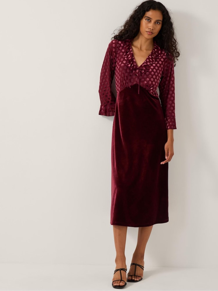 Monsoon Red Dua Polka Dot Velvet Midi Dress - Image 1 of 4 Monsoon Red Dua Polka Dot Velvet Midi Dress - Image 1 of 4