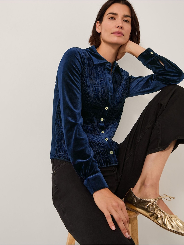 Monsoon Blue Sam Smocked Stretch Velvet Shirt - Image 1 of 5 Monsoon Blue Sam Smocked Stretch Velvet Shirt - Image 1 of 5