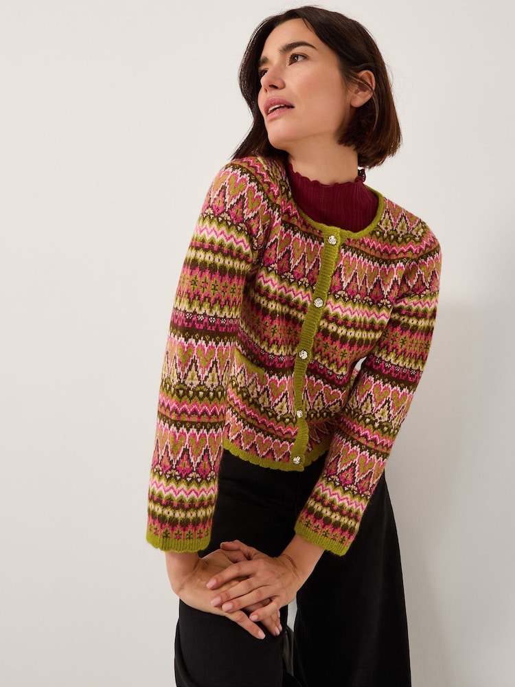 Monsoon Pink Fiona Fair Isle Pattern Cardigan - Image 1 of 6 Monsoon Pink Fiona Fair Isle Pattern Cardigan - Image 1 of 6