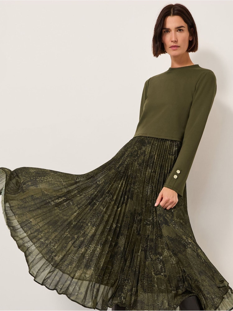 Monsoon Green Synthia Snakeskin Pleated Midi Dress - Image 1 of 5 Monsoon Green Synthia Snakeskin Pleated Midi Dress - Image 1 of 5