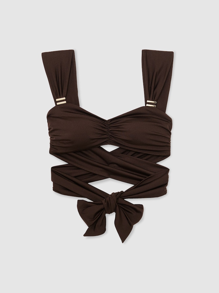 Reiss Chocolate Brown Maisie Wrap-Around Ruched Bikini Top - Image 2 of 6 Reiss Chocolate Brown Maisie Wrap-Around Ruched Bikini Top - Image 2 of 6